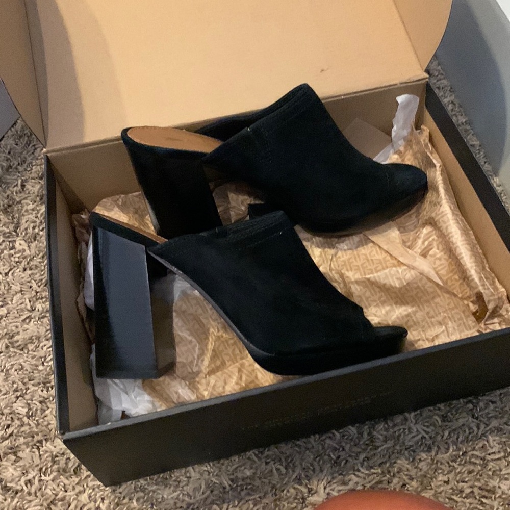 Frye Black Suede Open-Toe Mule Heels